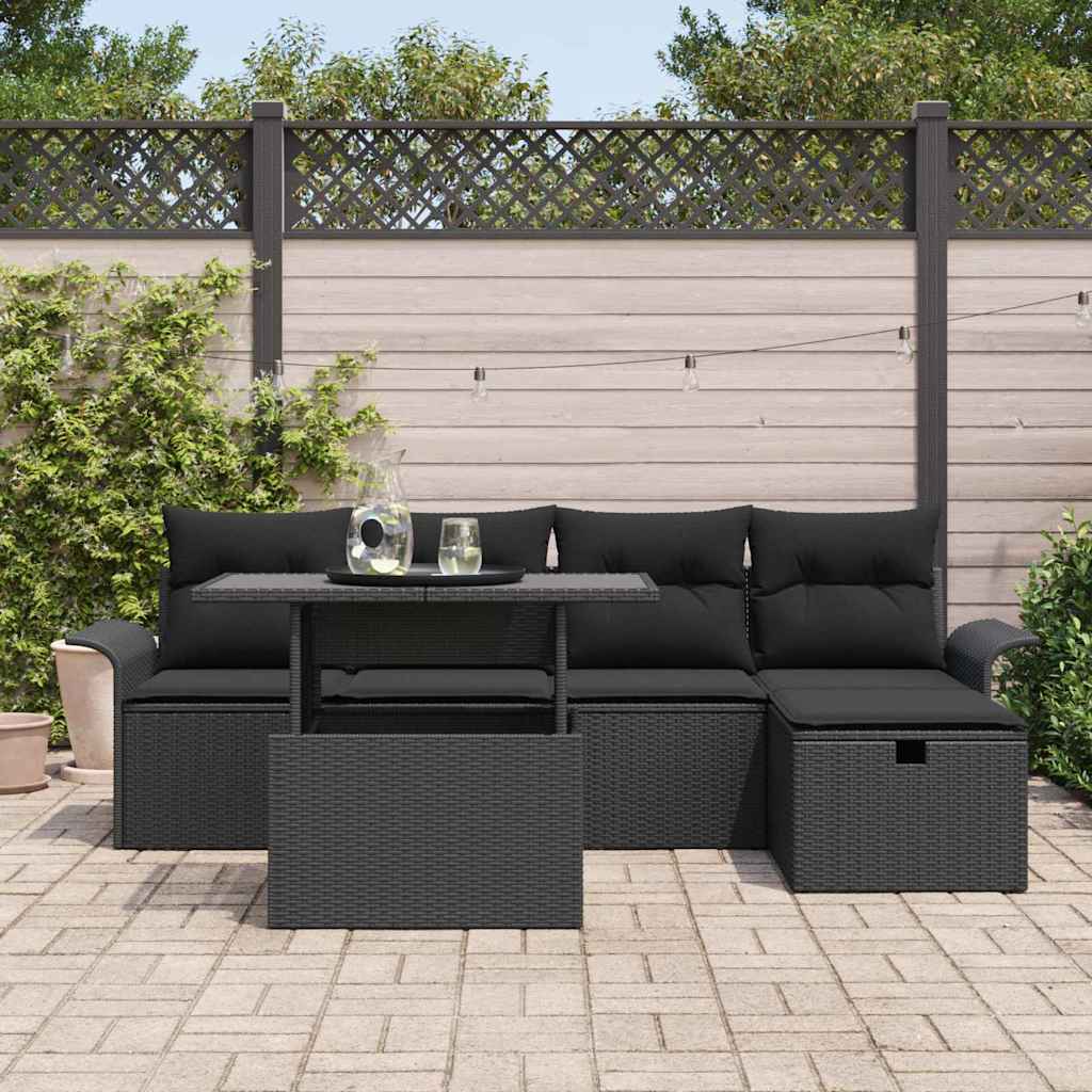 Kerti Kanapé Szett párnával tárolóval 6 pcs Fekete Poli rattan