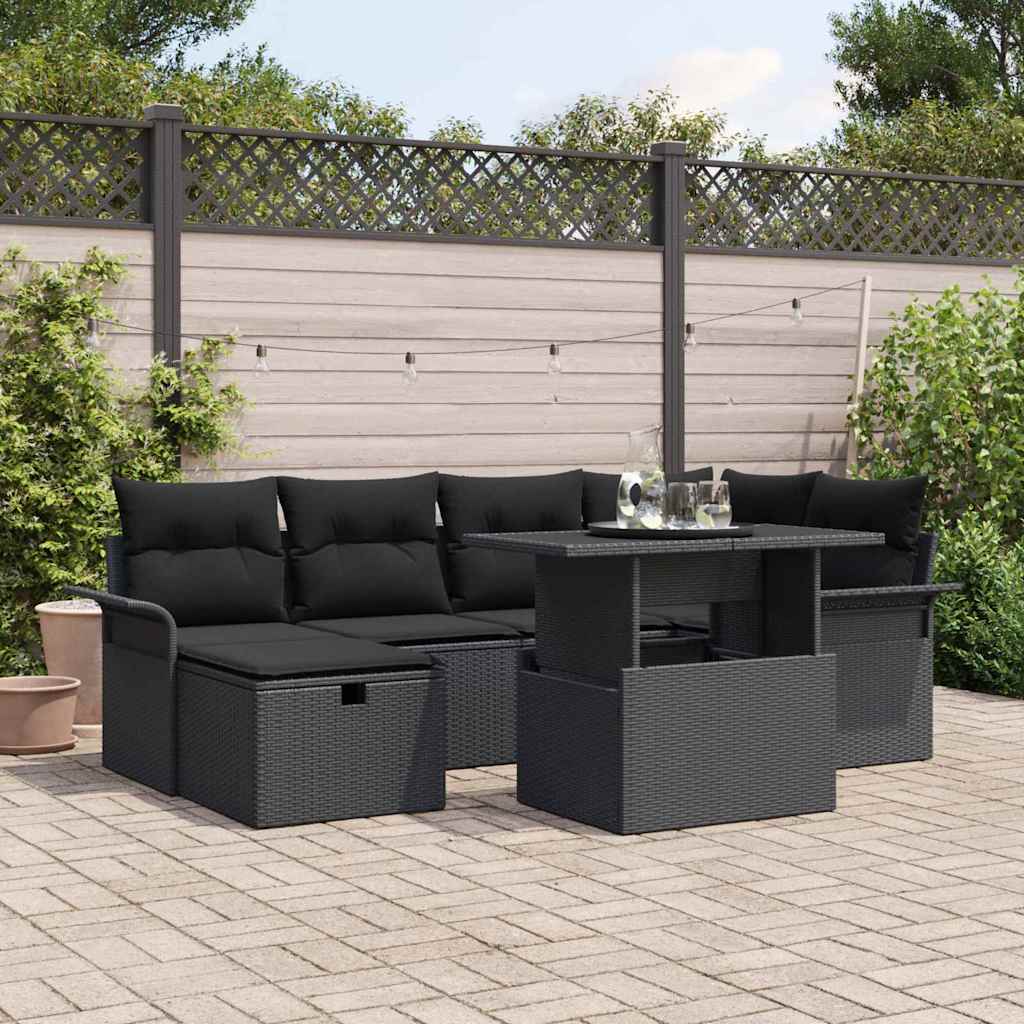 Kerti Kanapé Szett párnával tárolóval 7 pcs Fekete Poli rattan