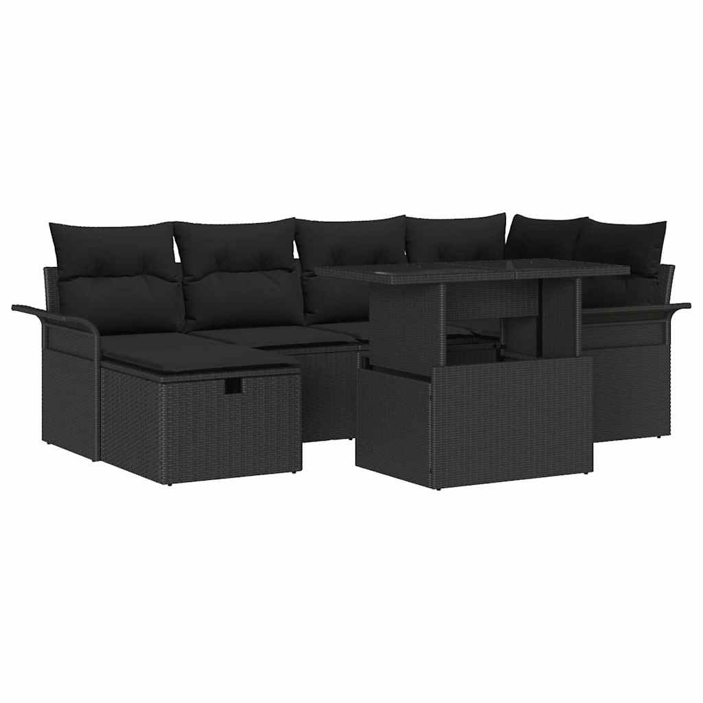 Kerti Kanapé Szett párnával tárolóval 7 pcs Fekete Poli rattan