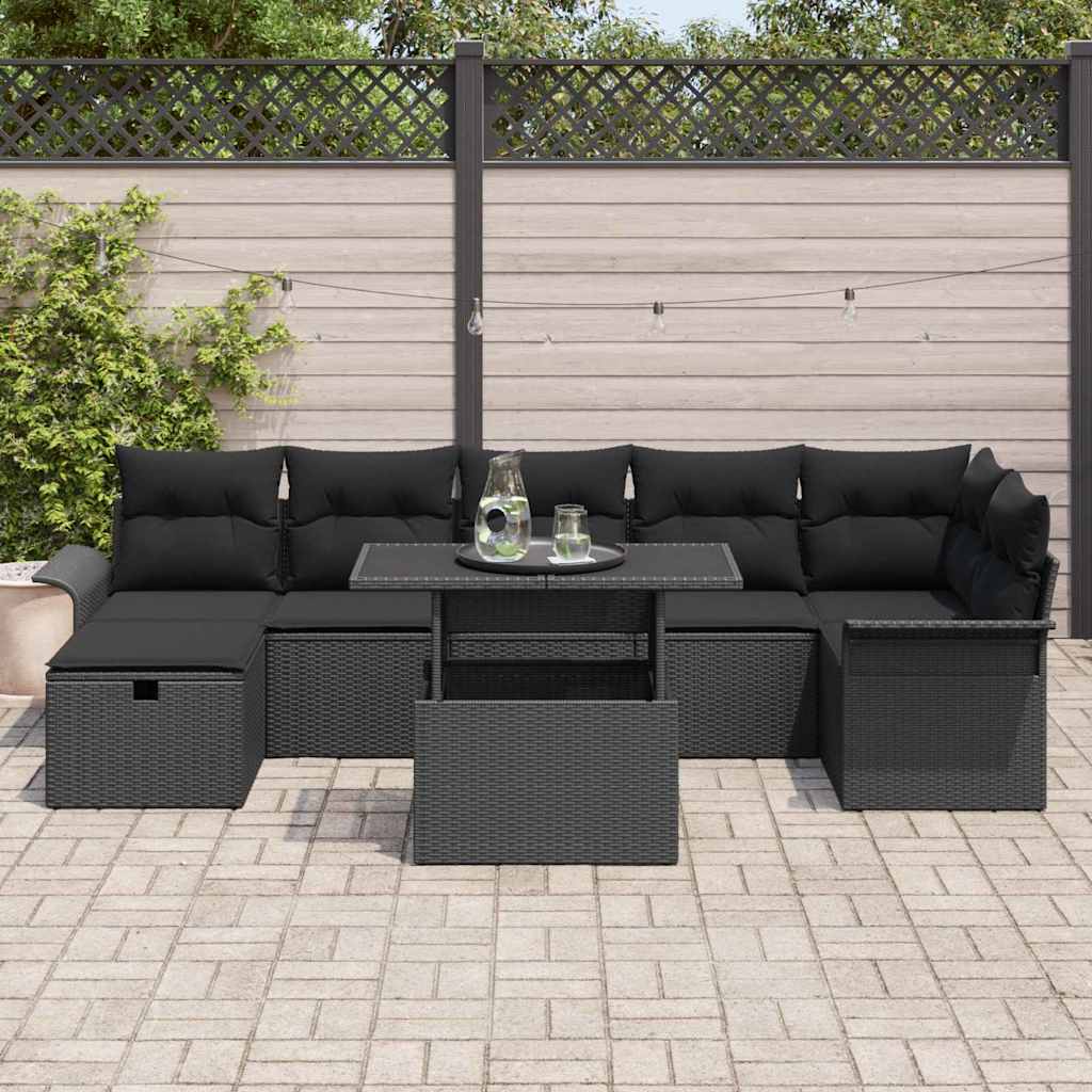 Kerti Kanapé Szett párnával tárolóval 8 pcs Fekete Poli rattan