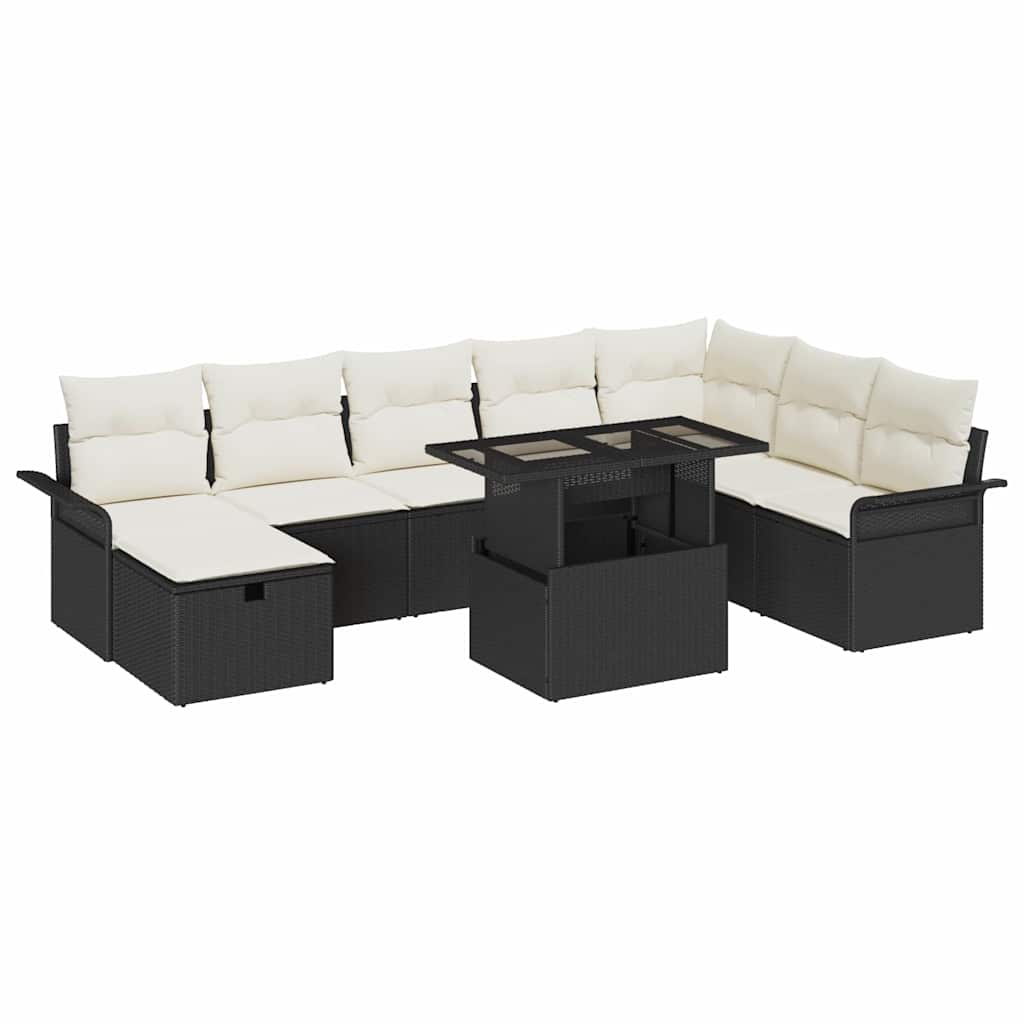 Kerti Kanapé Szett párnával tárolóval 9 pcs Fekete Poli rattan