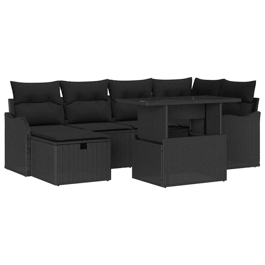 Kerti Kanapé Szett párnával tárolóval 7 pcs Fekete Poli rattan