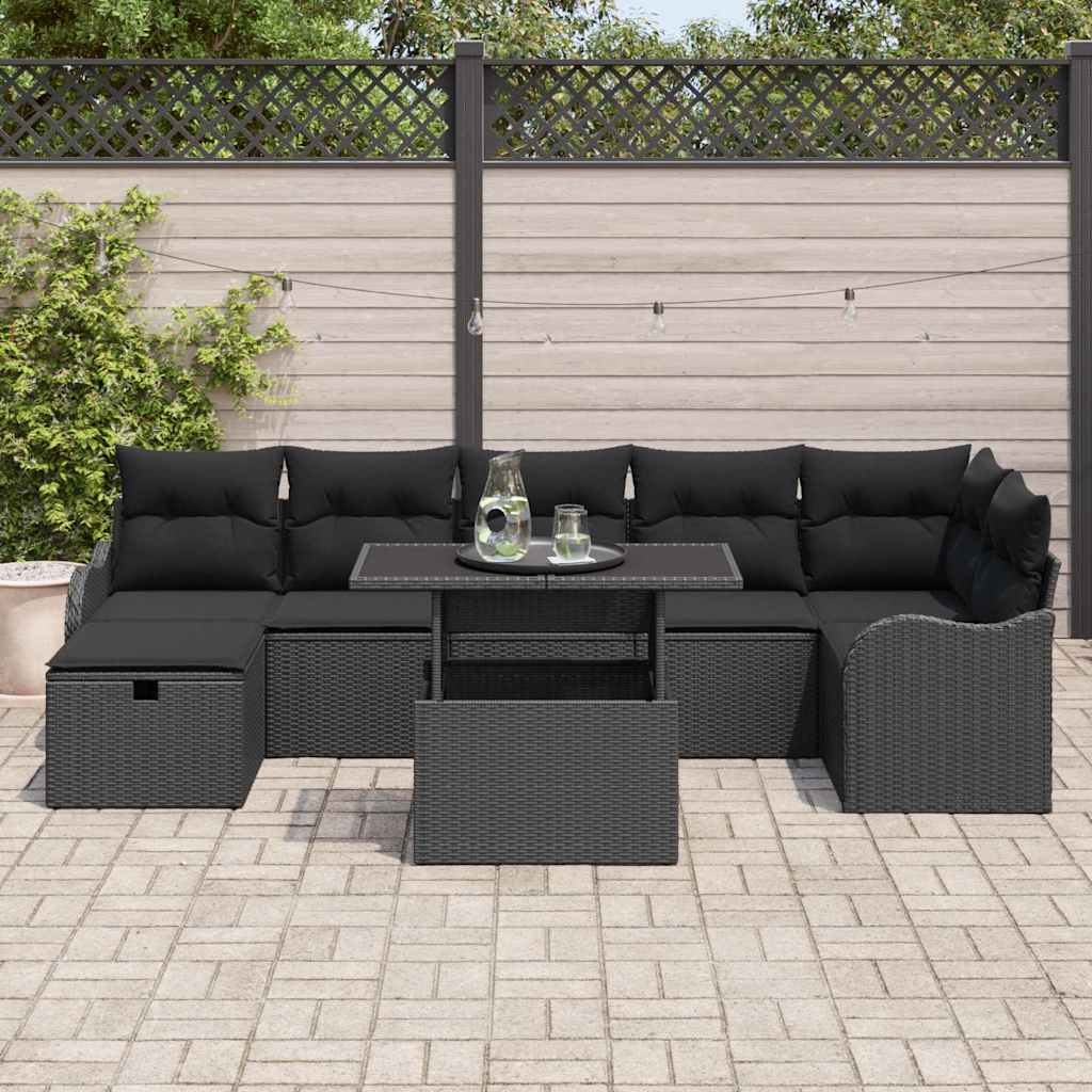 Kerti Kanapé Szett párnával tárolóval 8 pcs Fekete Poli rattan