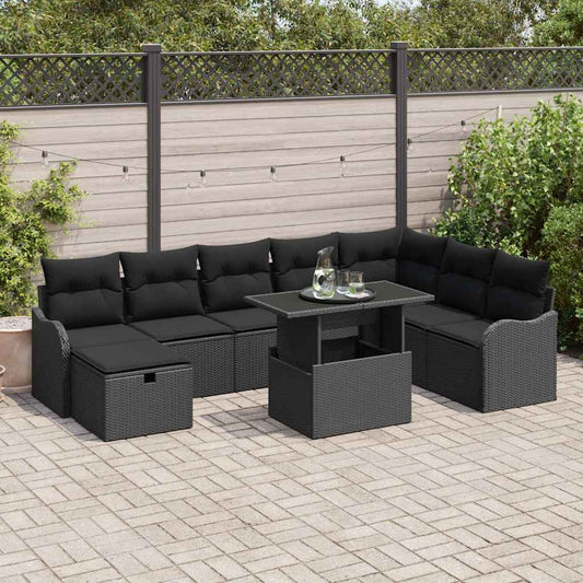 Kerti Kanapé Szett párnával tárolóval 9 pcs Fekete Poli rattan