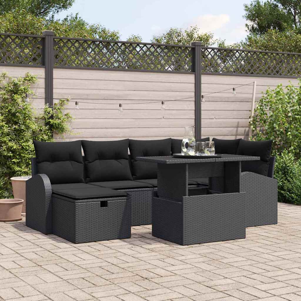 Kerti Kanapé Szett párnával tárolóval 7 pcs Fekete Poli rattan