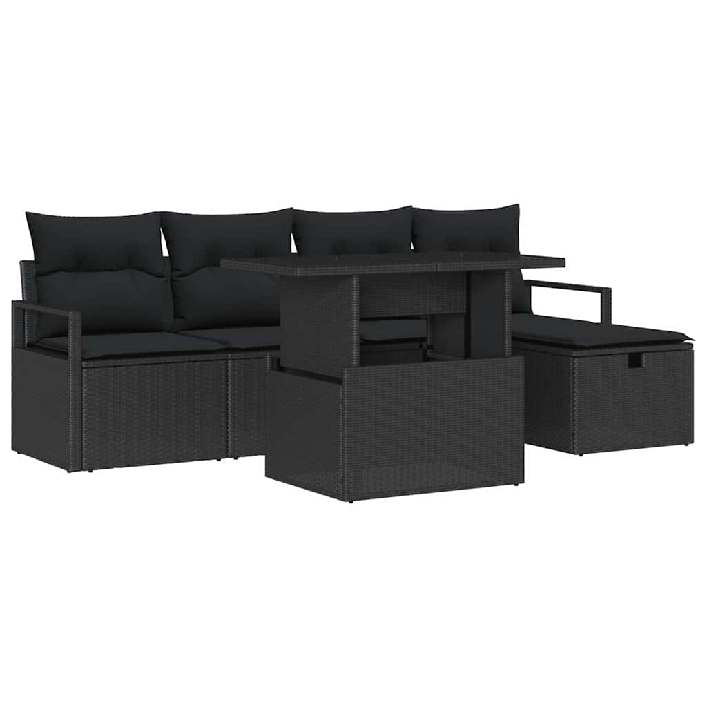 Kerti Kanapé Szett párnával tárolóval 6 pcs Fekete Poli rattan