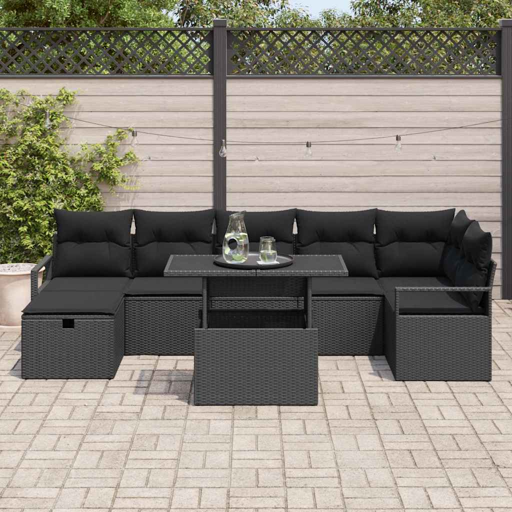Kerti Kanapé Szett párnával tárolóval 8 pcs Fekete Poli rattan