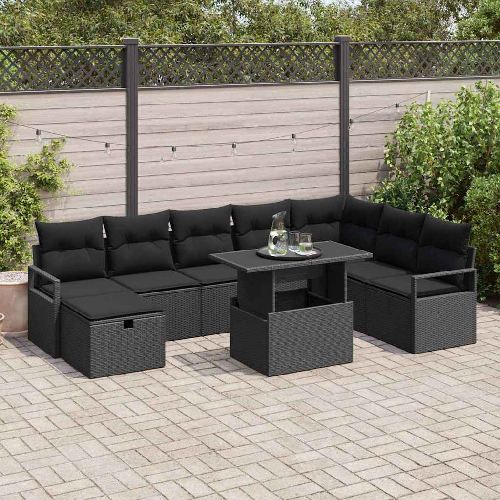 Kerti Kanapé Szett párnával tárolóval 9 pcs Fekete Poli rattan