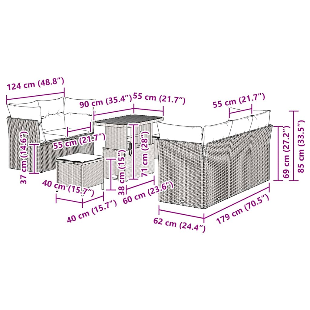 Kerti Kanapé Szett 8 pcs Fekete polirattan