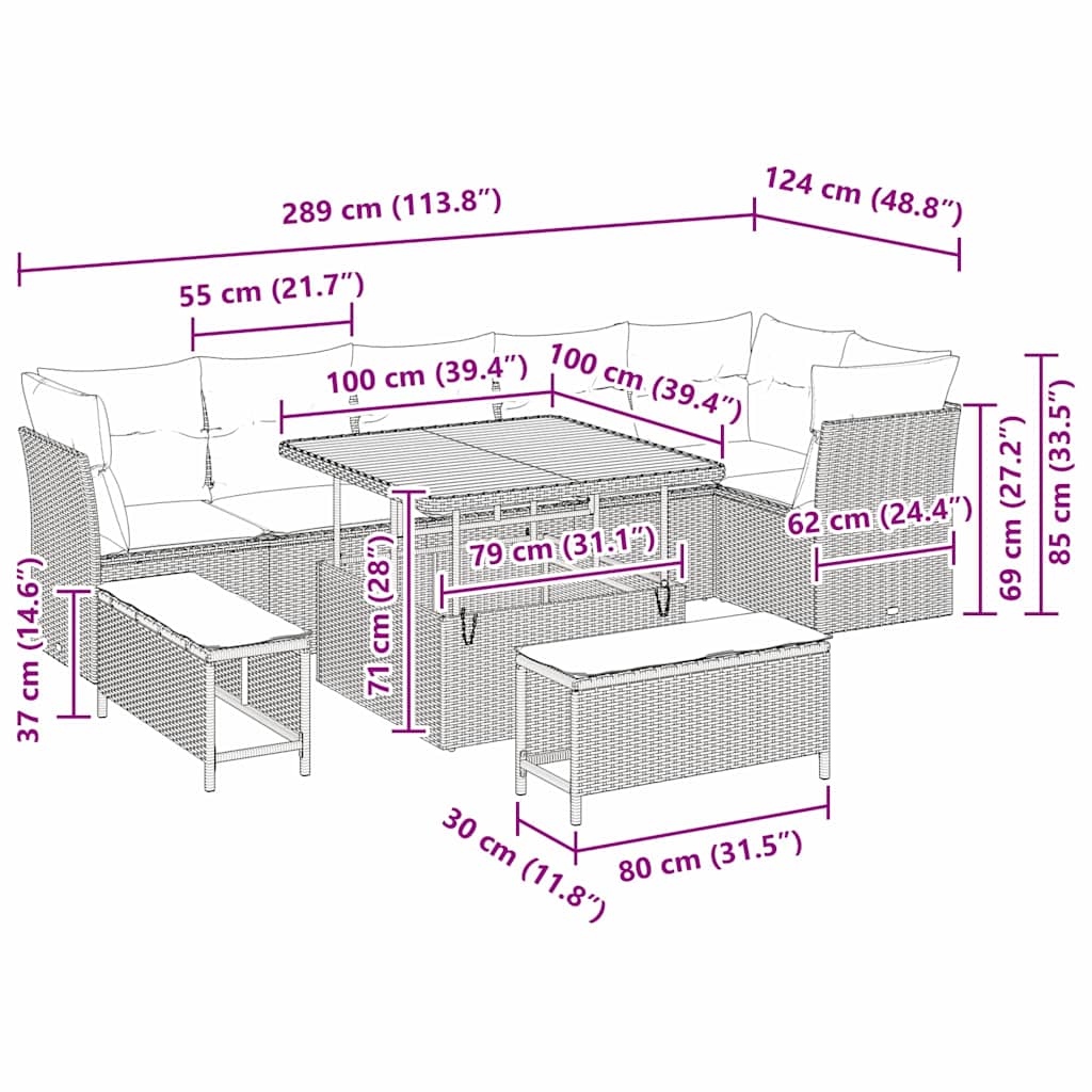 Kerti Kanapé Szett 9 pcs Szürke polirattan