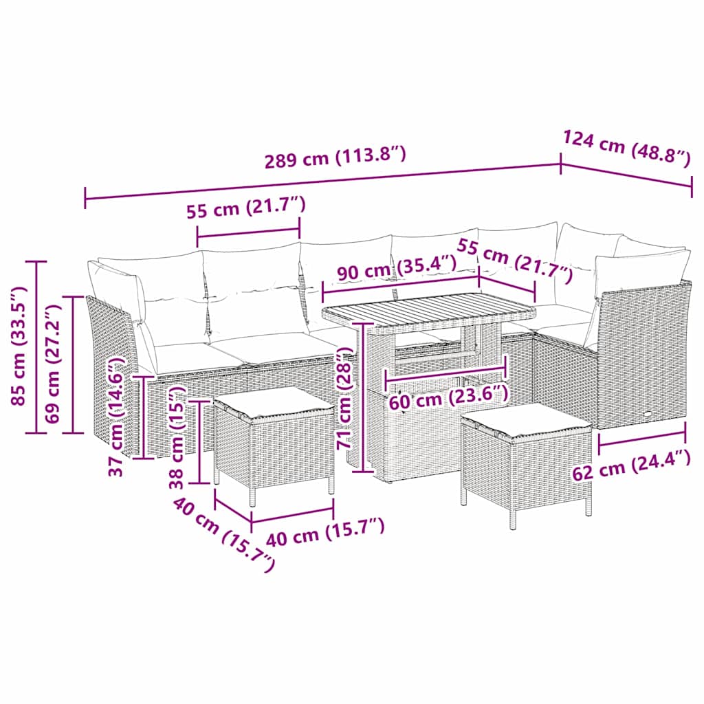 Kerti Kanapé Szett 9 pcs Fekete polirattan