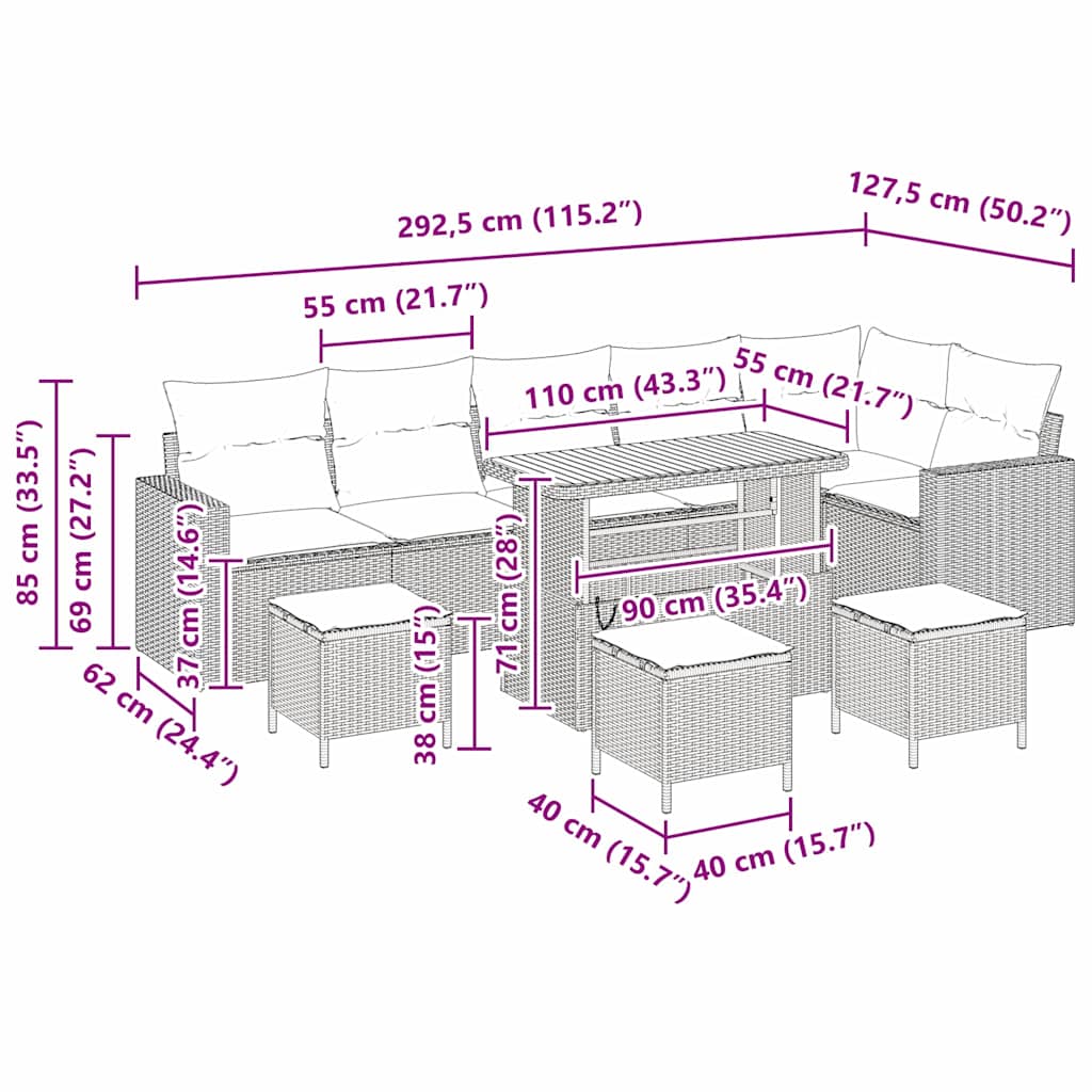 Kerti Kanapé Szett 10 pcs Szürke polirattan