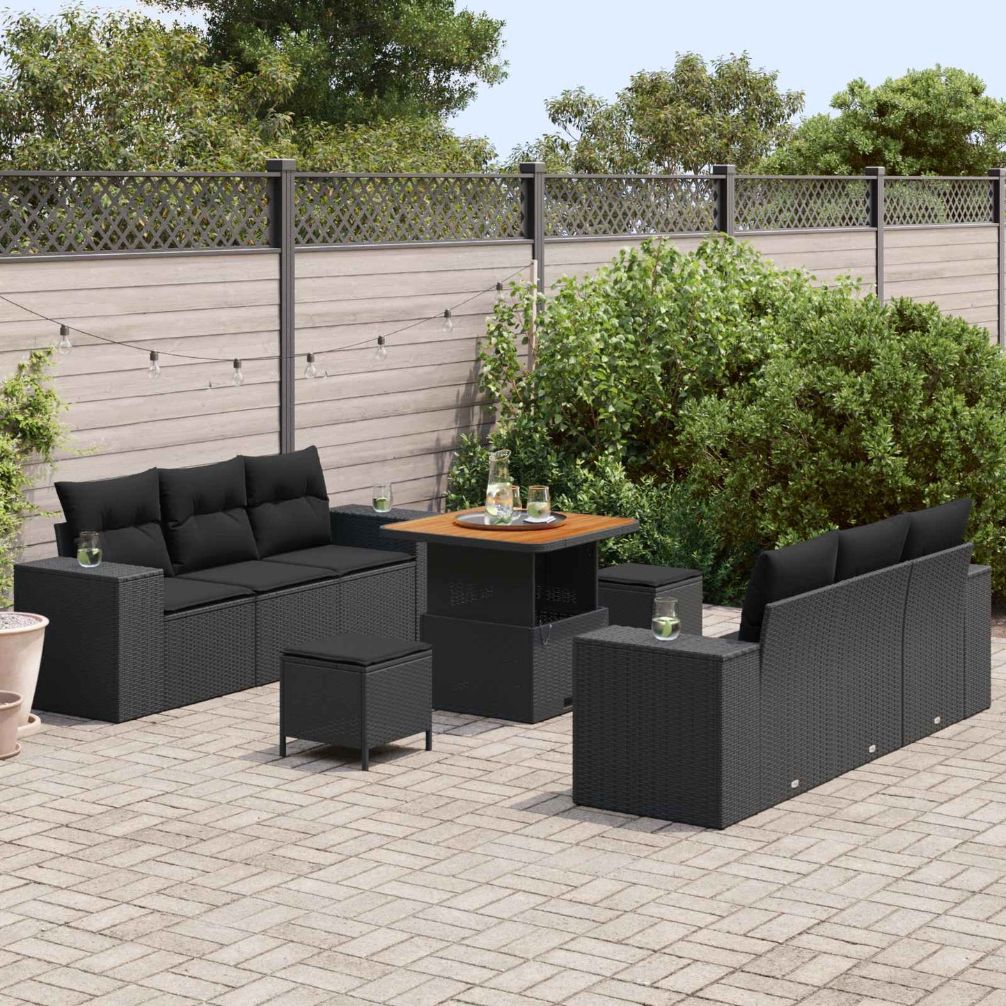 Kerti Kanapé Szett párnával 9 pcs Fekete Poli rattan