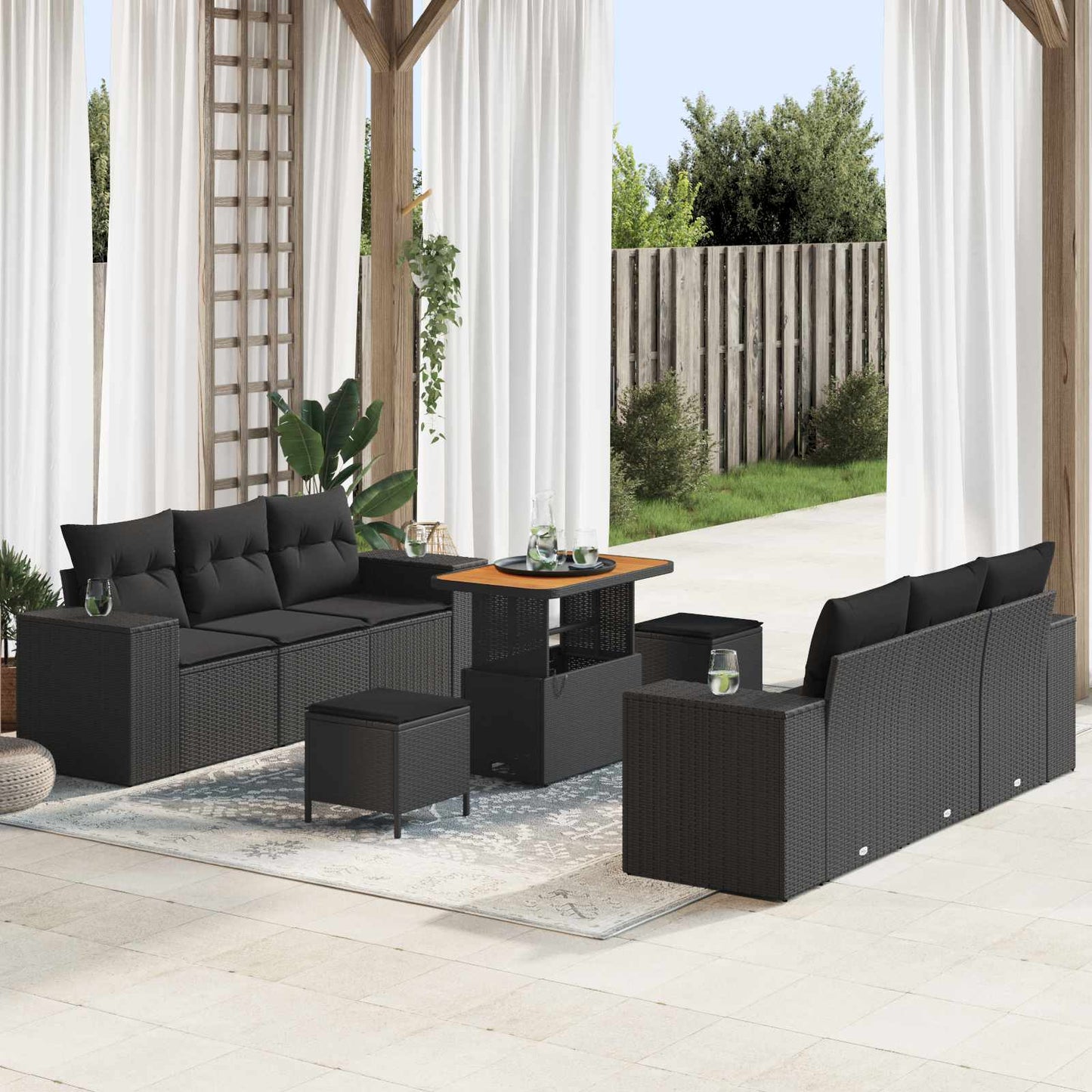 Kerti Kanapé Szett párnával 9 pcs Fekete Poli rattan