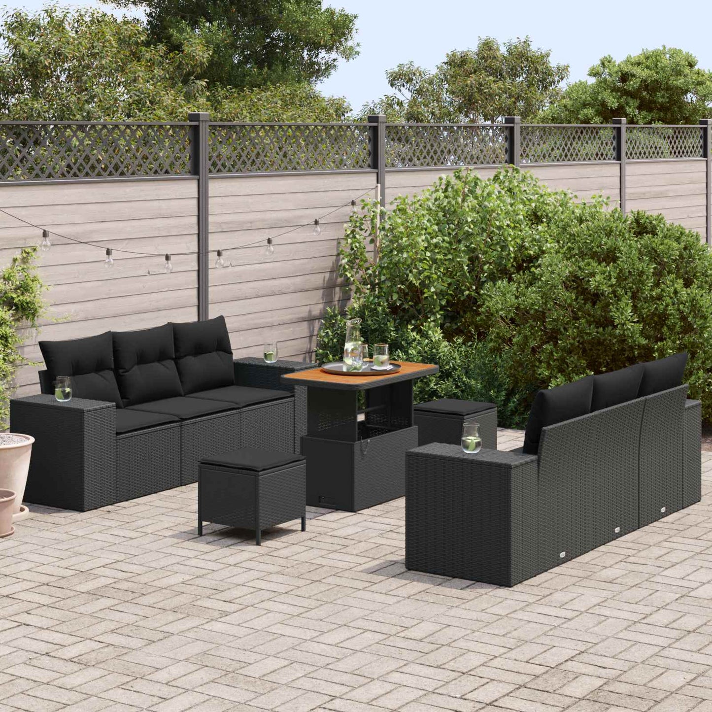 Kerti Kanapé Szett párnával 9 pcs Fekete Poli rattan