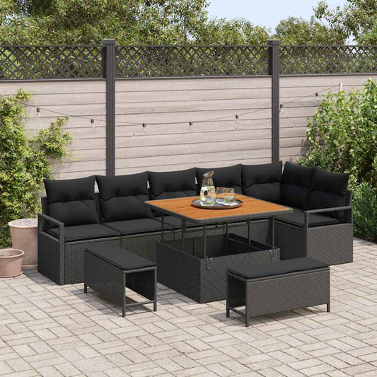 Kerti Kanapé Szett párnával 9 pcs Fekete Poli rattan
