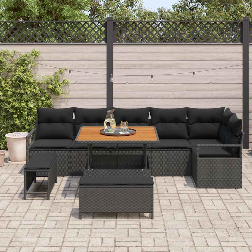Kerti Kanapé Szett párnával 9 pcs Fekete Poli rattan