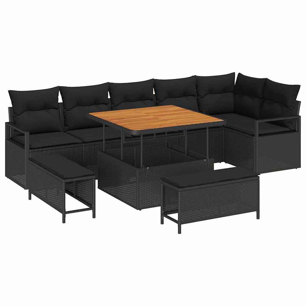 Kerti Kanapé Szett párnával 9 pcs Fekete Poli rattan