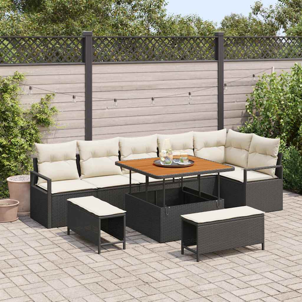 Kerti Kanapé Szett párnával 9 pcs Fekete Poli rattan