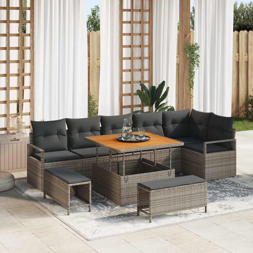 Kerti Kanapé Szett párnával 9 pcs Szürke Poli rattan