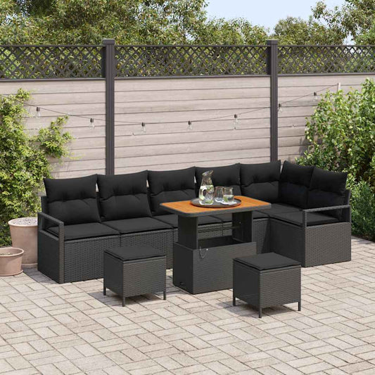 Kerti Kanapé Szett párnával 9 pcs Fekete Poli rattan