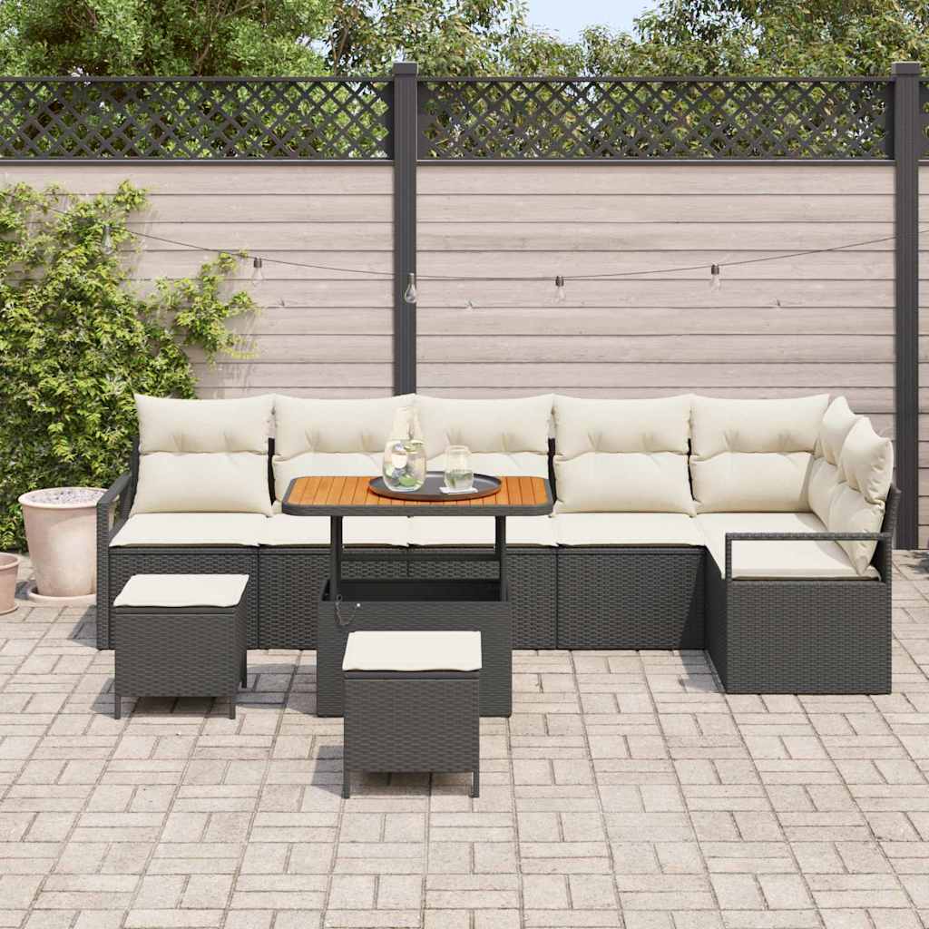 Kerti Kanapé Szett párnával 9 pcs Fekete Poli rattan