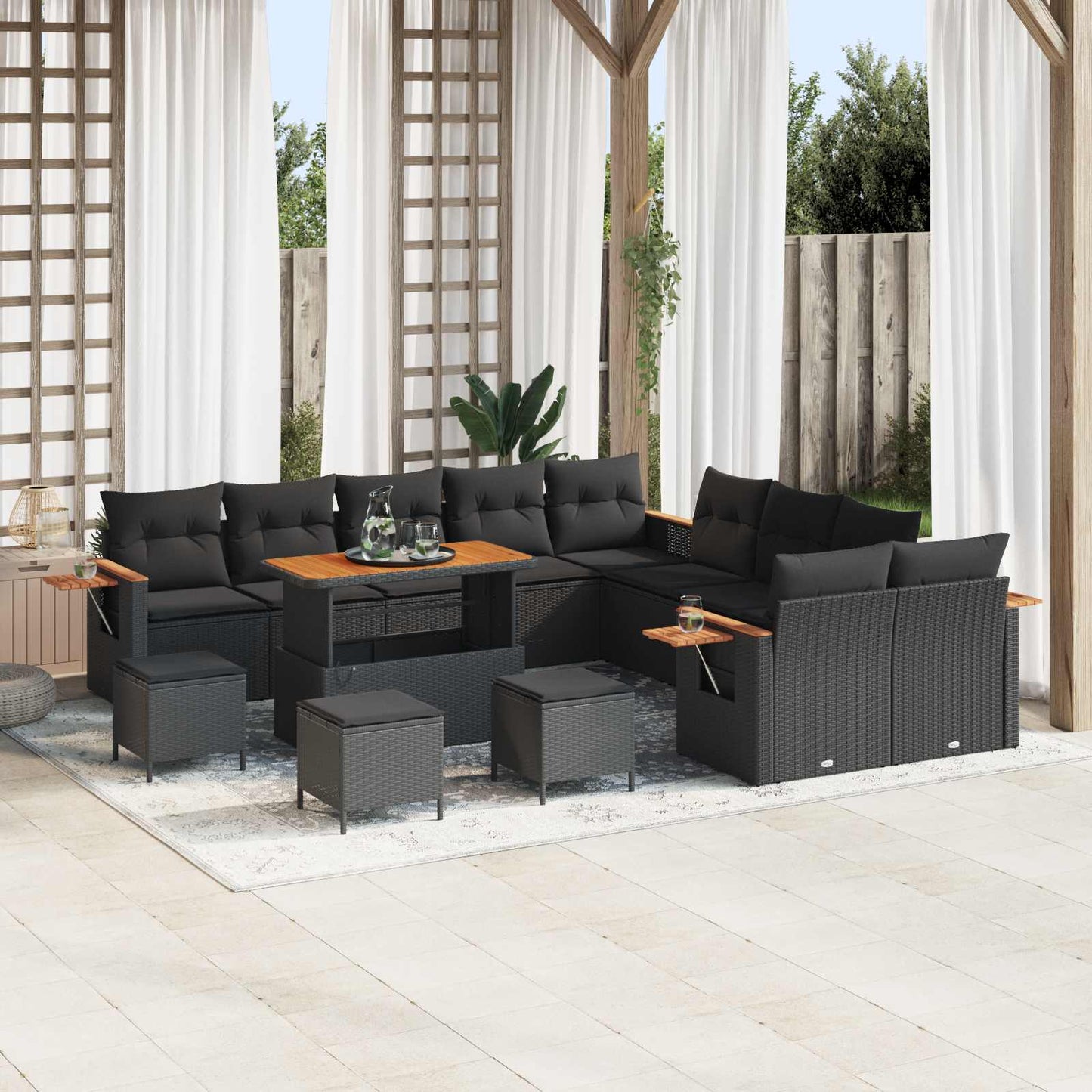 Kerti Kanapé Szett 14 pcs Fekete polirattan