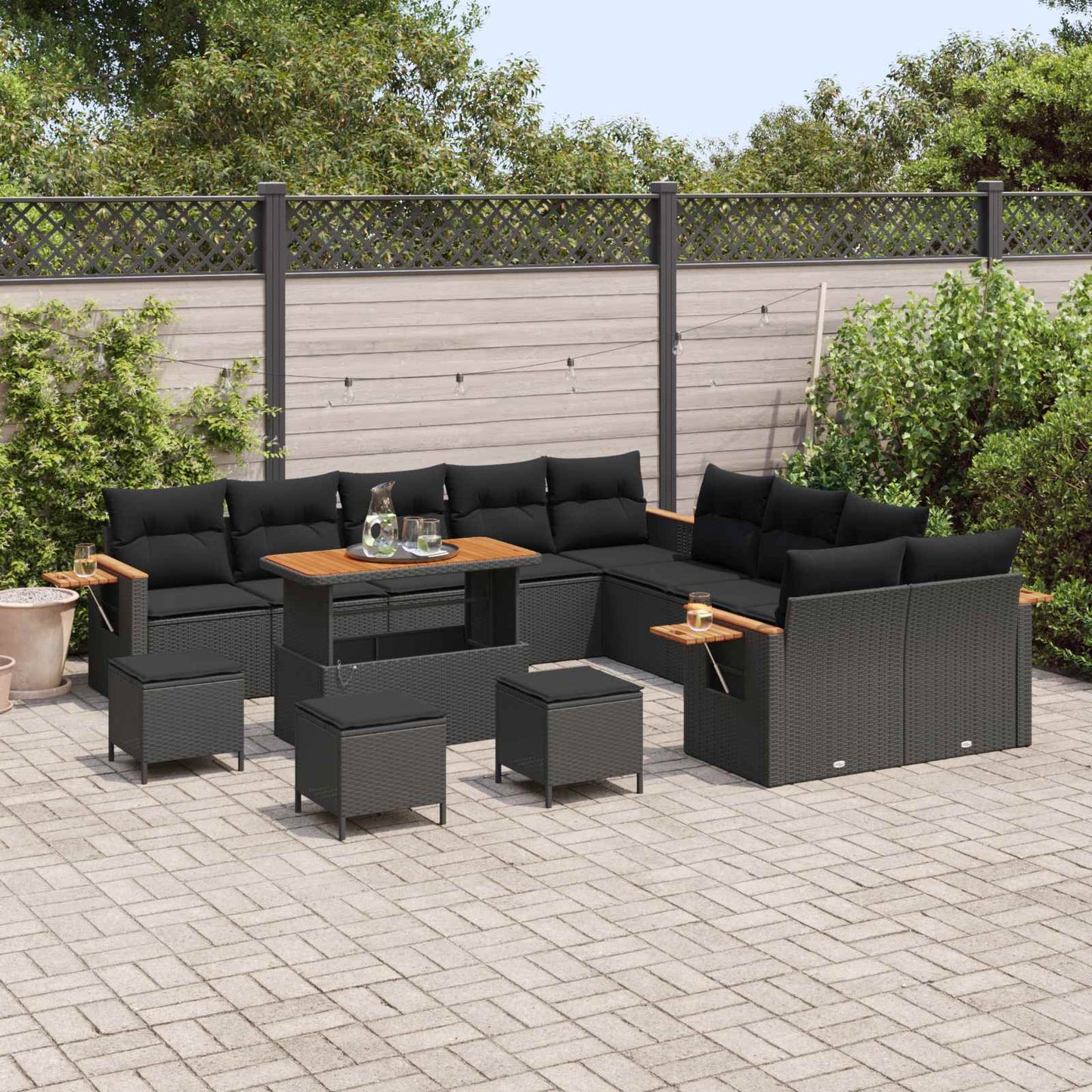 Kerti Kanapé Szett 14 pcs Fekete polirattan