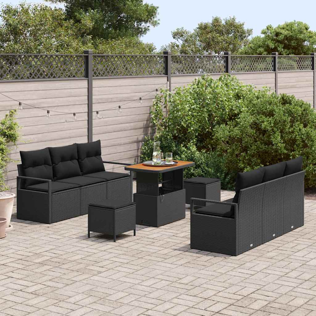Kerti Kanapé Szett tárolóval 9 pcs Fekete Poli rattan