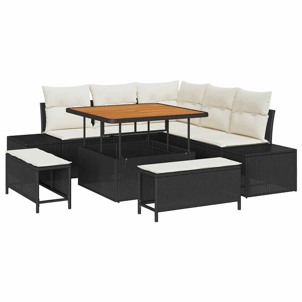 Kerti Kanapé Szett párnával tárolóval 8 pcs Fekete Poli rattan