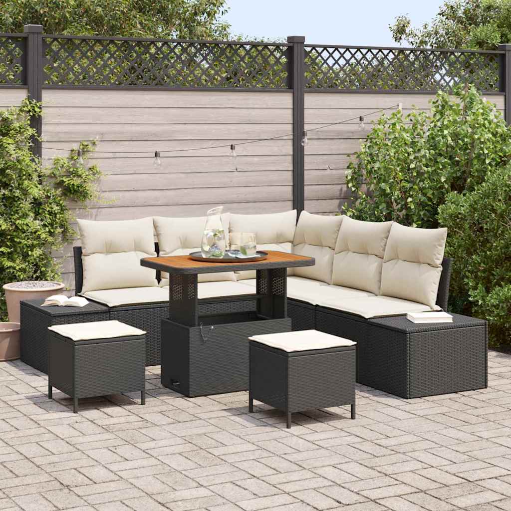 Kerti Kanapé Szett párnával tárolóval 8 pcs Fekete Poli rattan