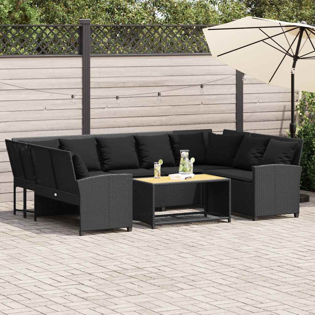 fekete polyrattan kerti kanapé párnákkal