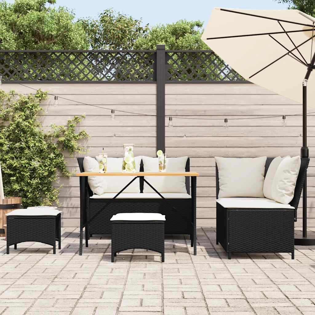 5 részes fekete polyrattan kerti kanapészett párnákkal