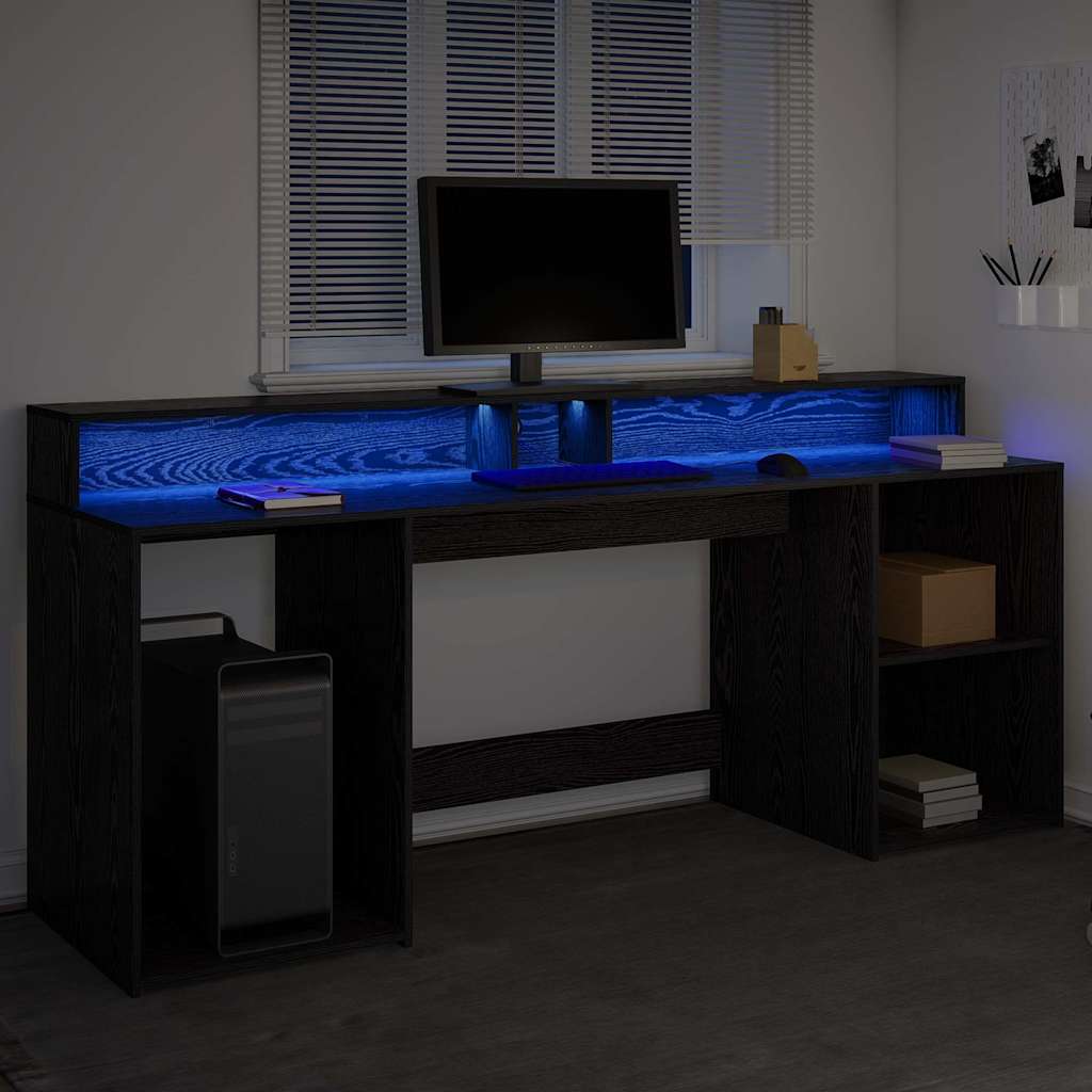 Asztal LED -es lámpákkal Musta tammi 200 x 55 x 91 cm Faanyag