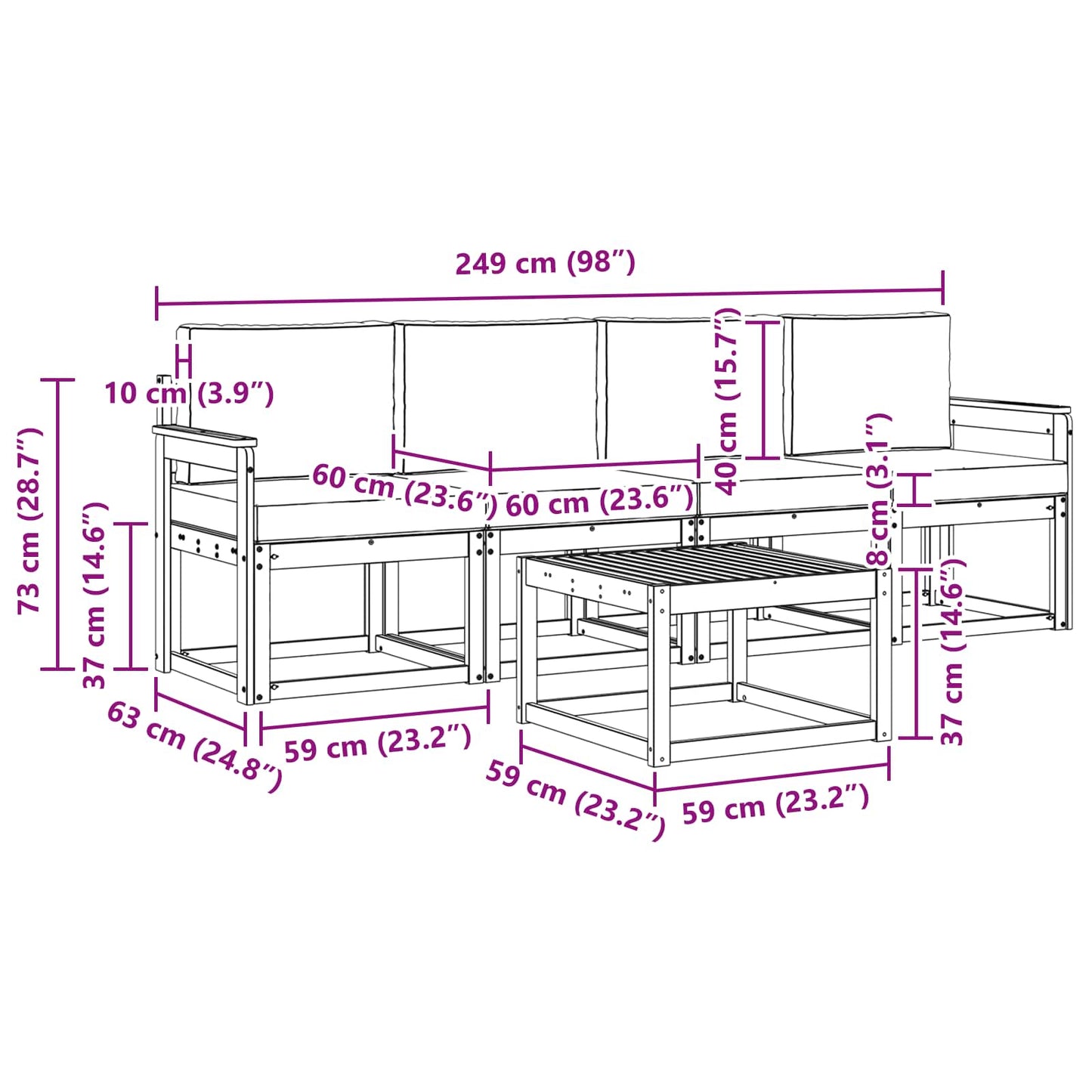 Kültéri kanapé szett párnával 5 pcs Természetes és bézs