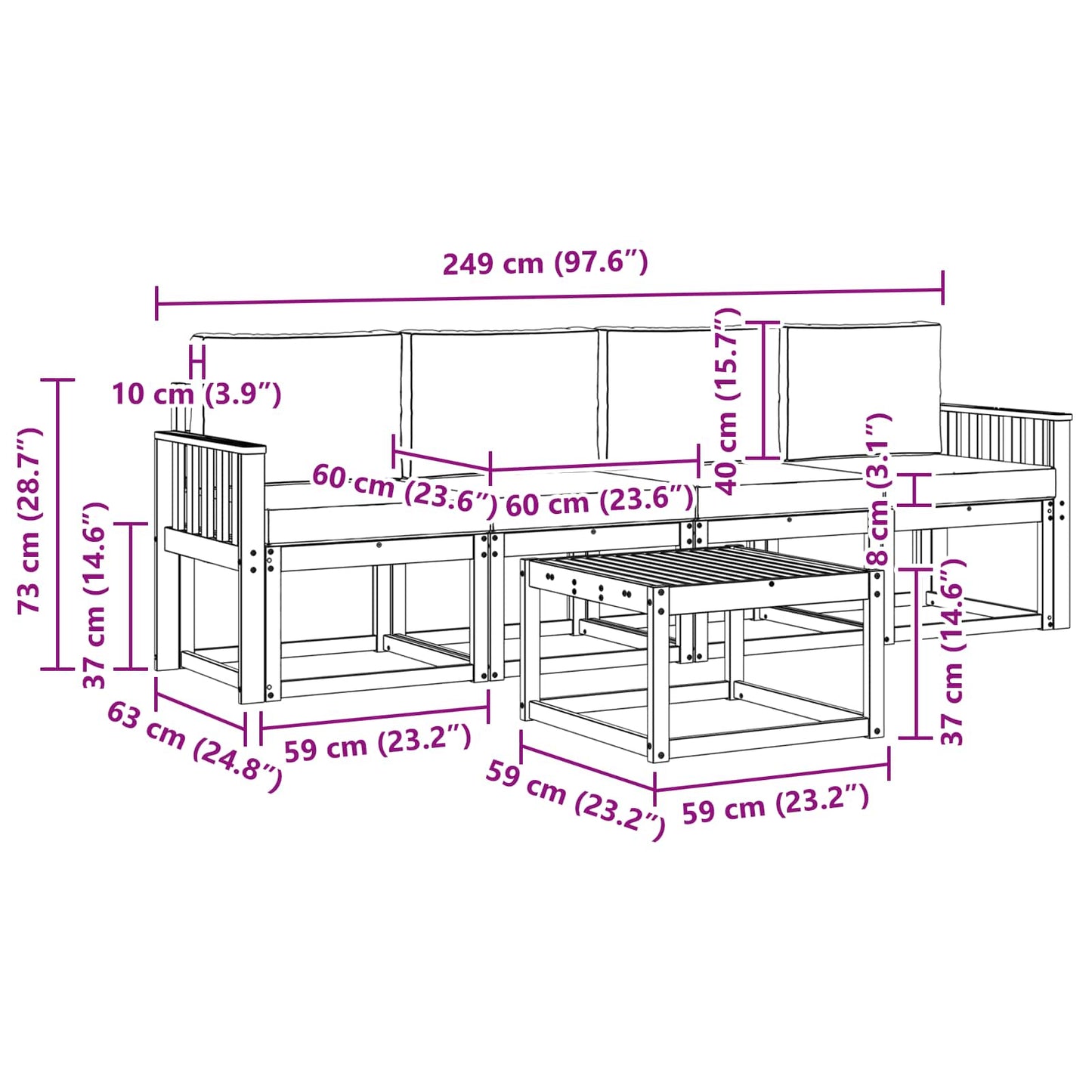 Kültéri kanapé szett párnával 5 pcs Természetes és krémszínű