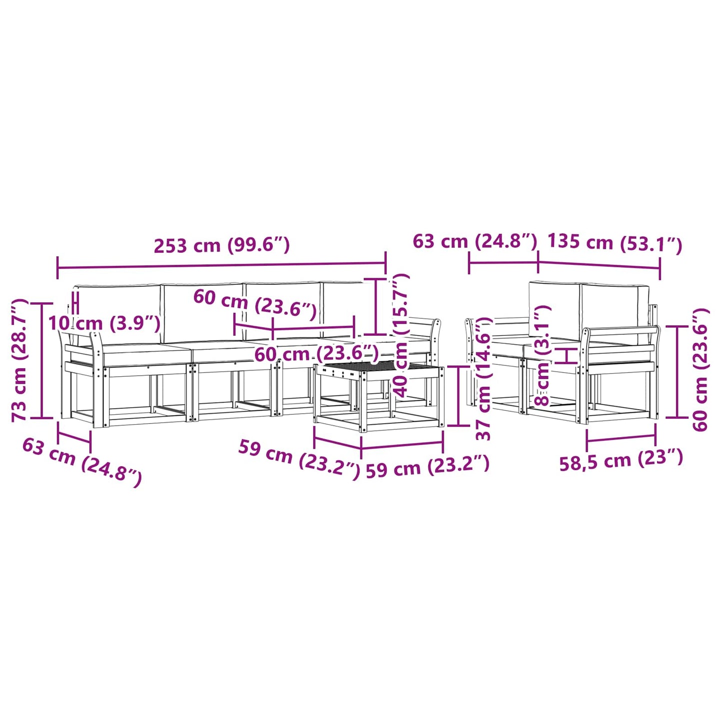 Kültéri kanapé szett párnával 7 pcs Természetes és antracit