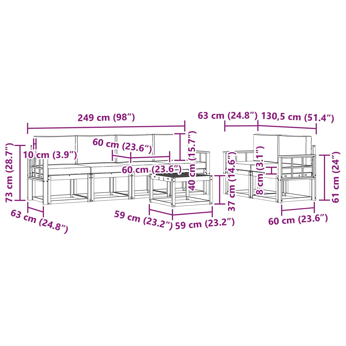 Kültéri kanapé szett párnával 7 pcs Természetes és bézs