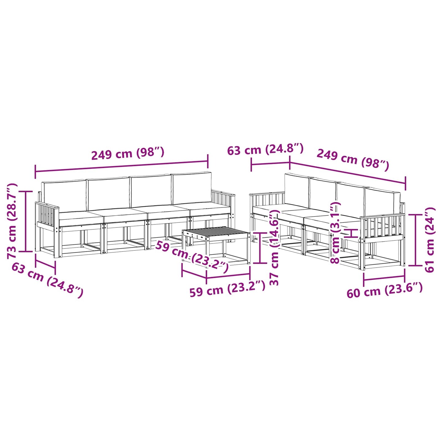 Kültéri kanapé szett párnával 9 pcs Természetes és bézs