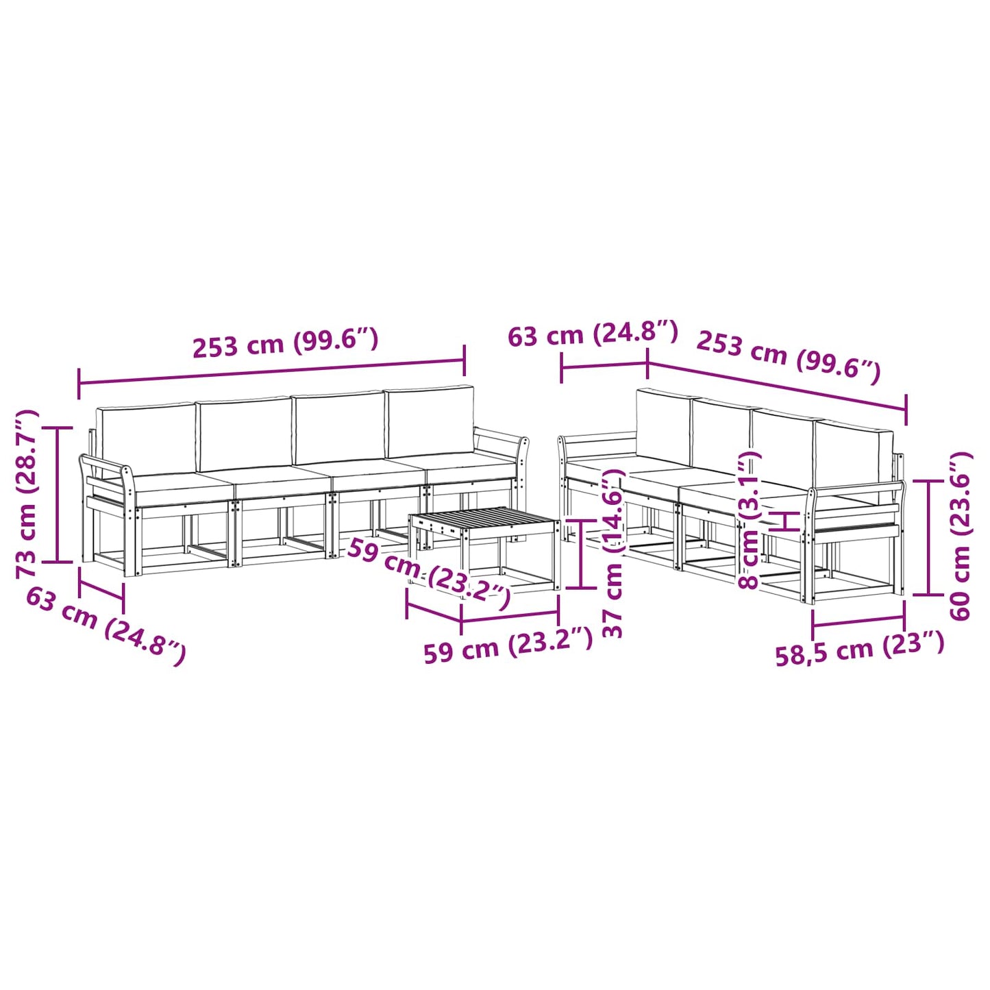 Kültéri kanapé szett párnával 9 pcs Természetes és antracit