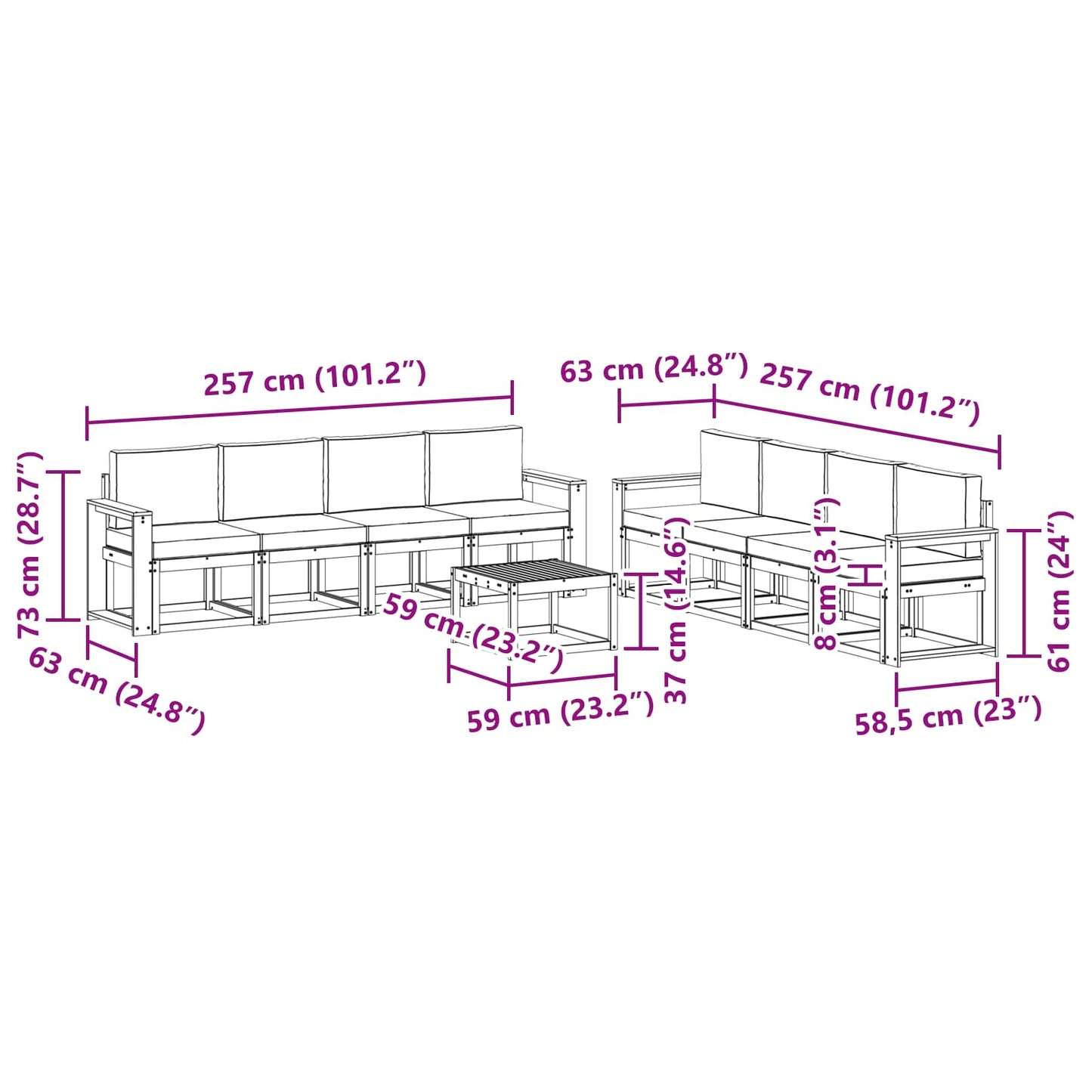 Kültéri kanapé szett párnával 9 pcs Természetes és krémszínű