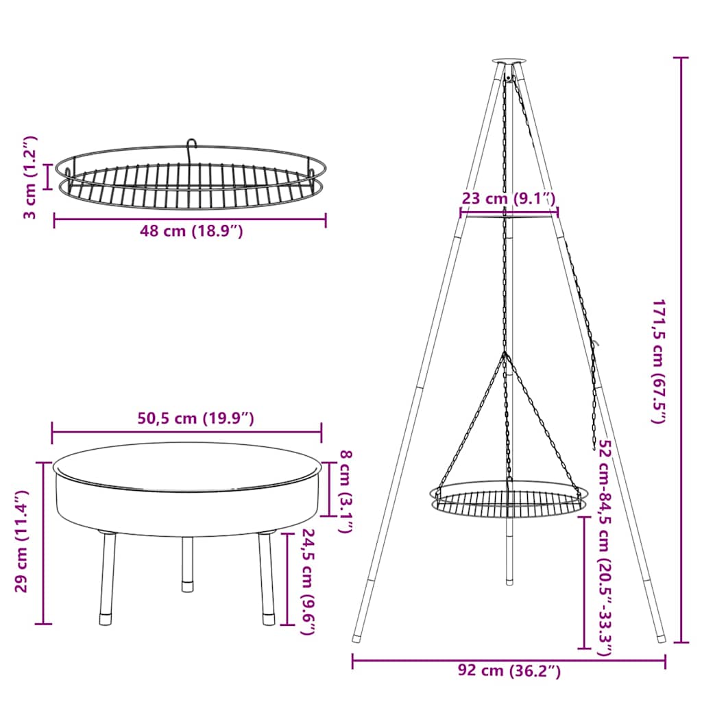 Tűzrakó állvány 3 pcs Fekete Acél