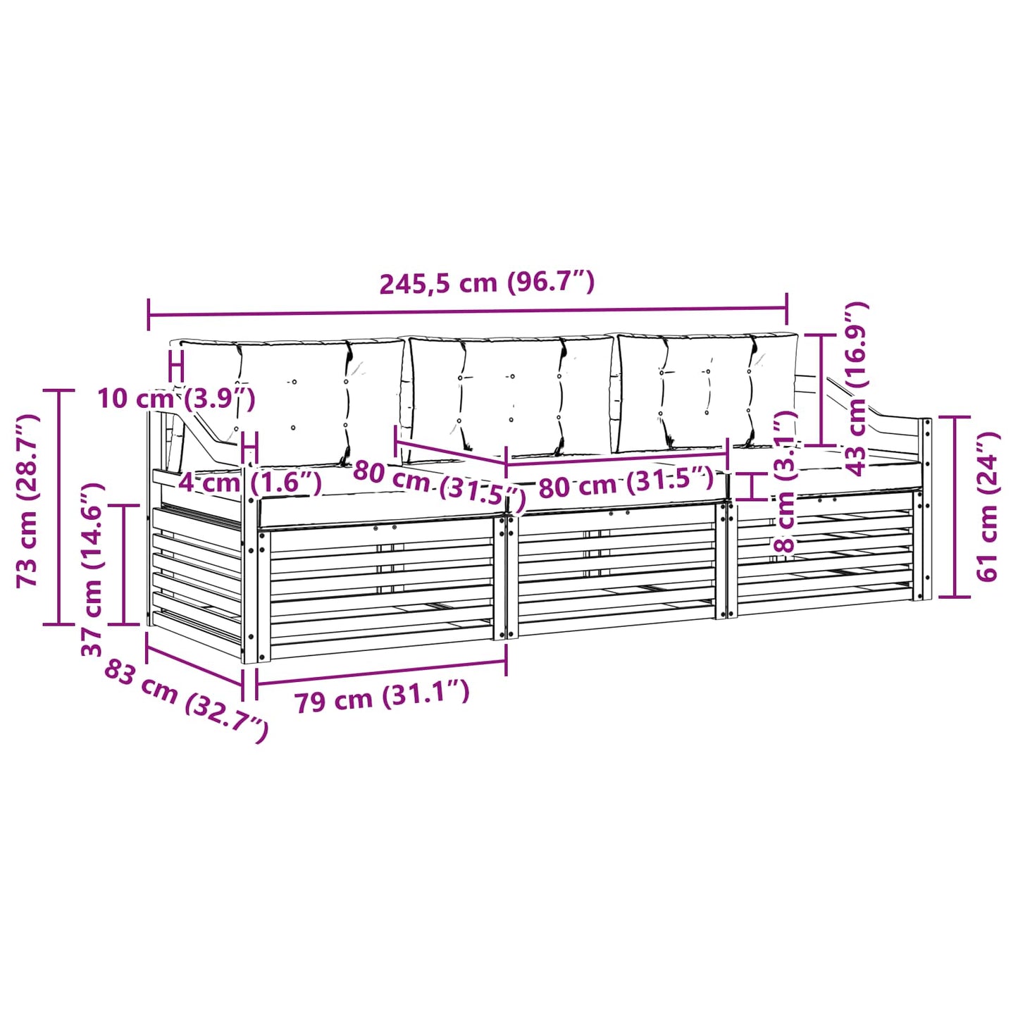 Kültéri kanapé szett párnával 3 pcs Természetes és bézs