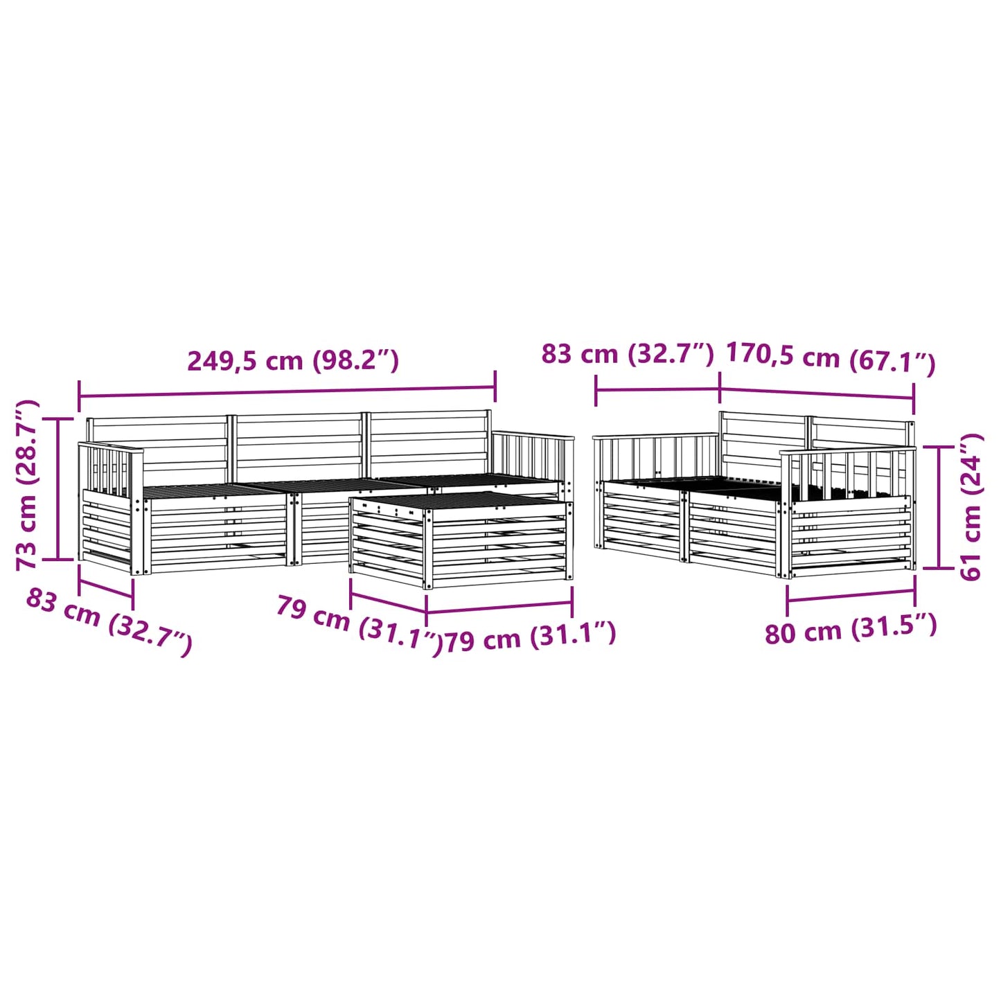 Kültéri kanapé szett 6 pcs Természetes Tömör Akácfa