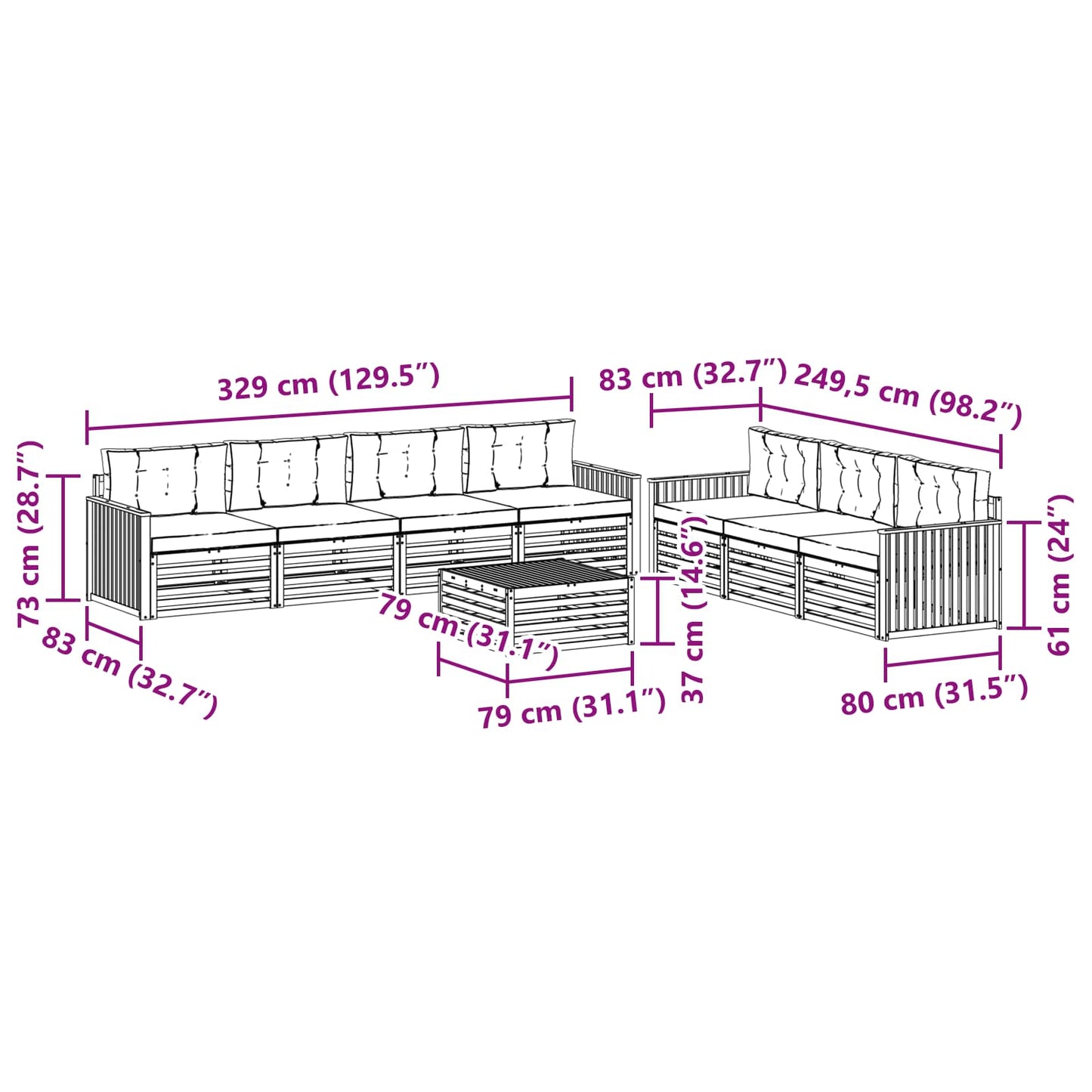 Kültéri kanapé szett párnával 8 pcs Természetes és krémszínű