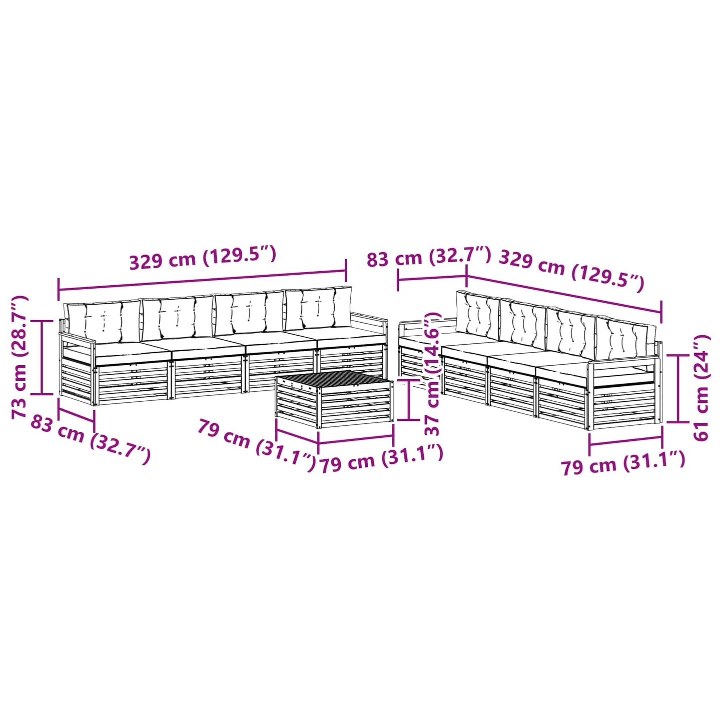 Kültéri kanapé szett párnával 9 pcs Természetes és bézs