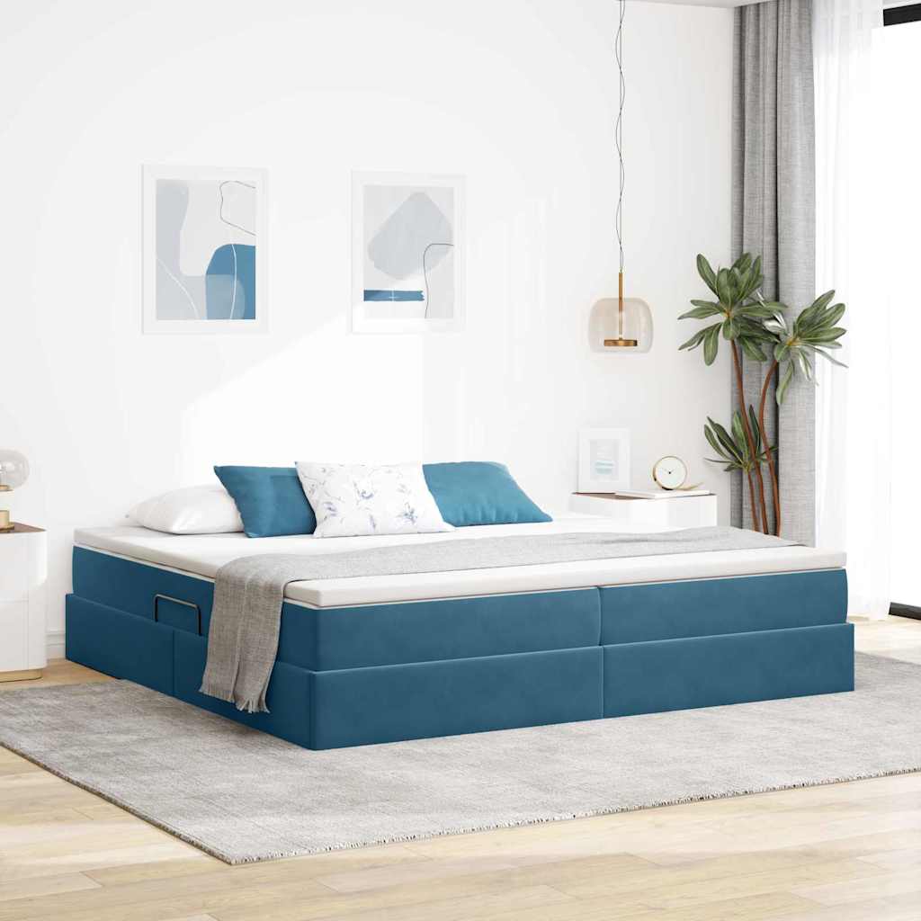 Ágy tárolóval és matraccal Sötét kék 200 x 200 cm Bársony