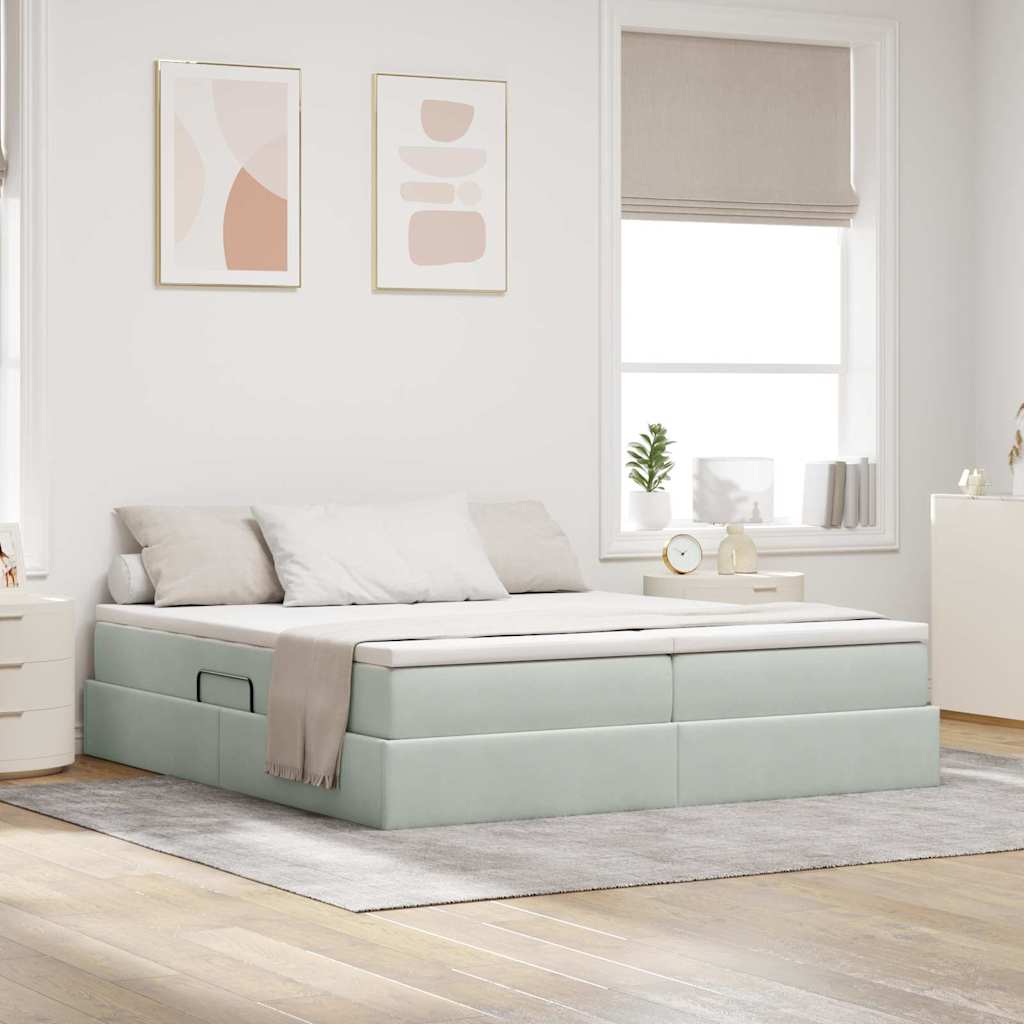 Ágy tárolóval és matraccal Világosszürke 200 x 200 cm Bársony