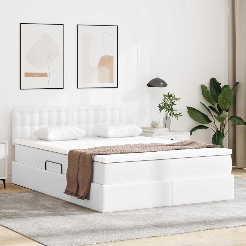 Ágy tárolóval és matraccal Tiszta Fehér 140 x 190 cm Műbőr
