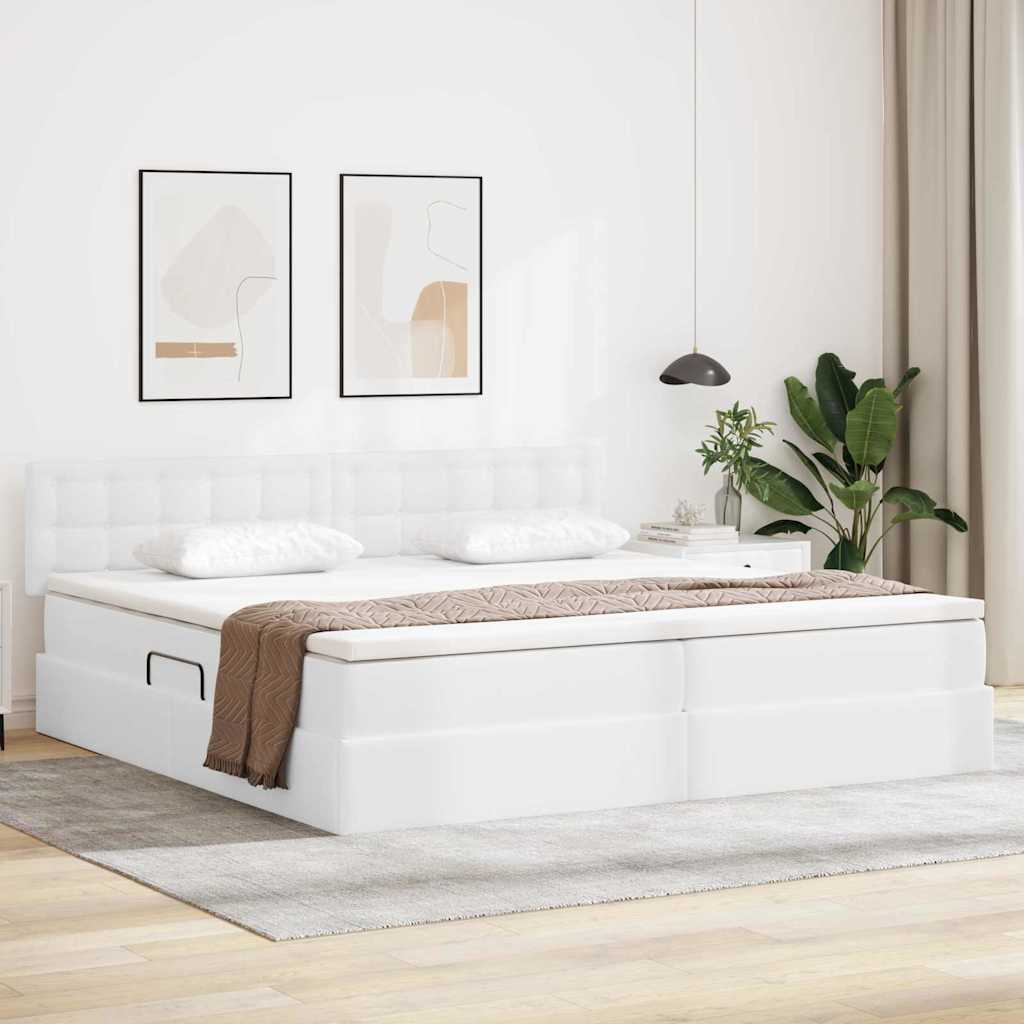 Ágy tárolóval és matraccal Tiszta Fehér 200 x 200 cm Műbőr